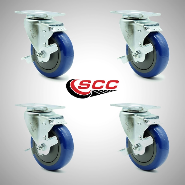 Service Caster 4 Inch SS Blue Polyurethane Swivel Top Plate Caster Set with Brake SCC SCC-SS20S414-PPUB-BLUE-TLB-4 - main